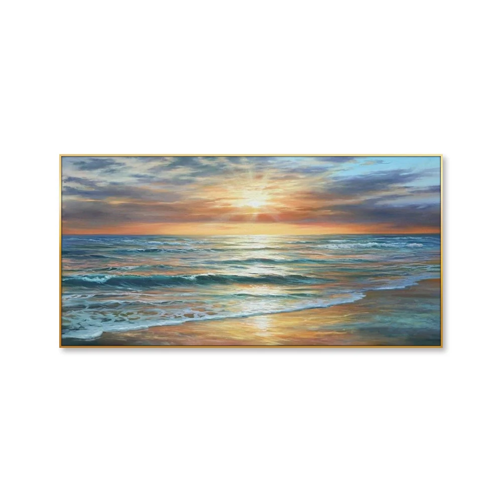 Sunset Ocean Beach Oil Painting Wall Art Natural Seascape Poster Stretched Framed Canvas Print for Home Living Room Decor