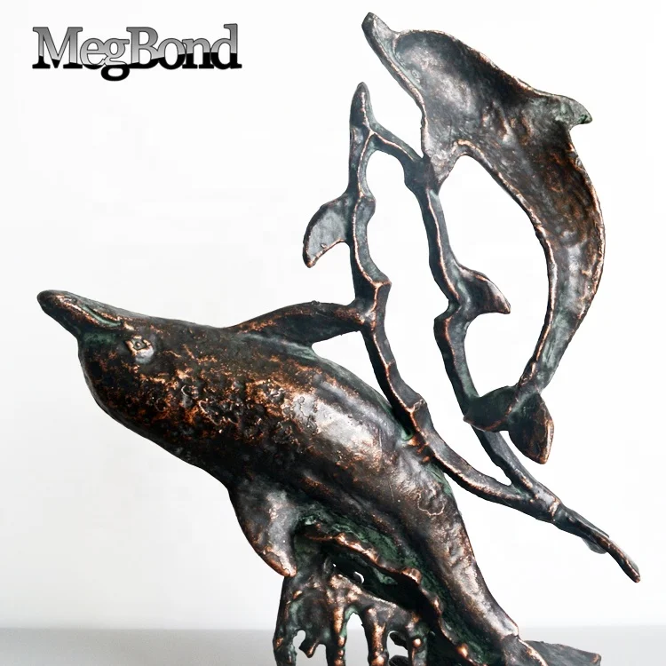 Metal dolphins desktop decor on marble base for home,  Abstract metal nautical fish sculpture