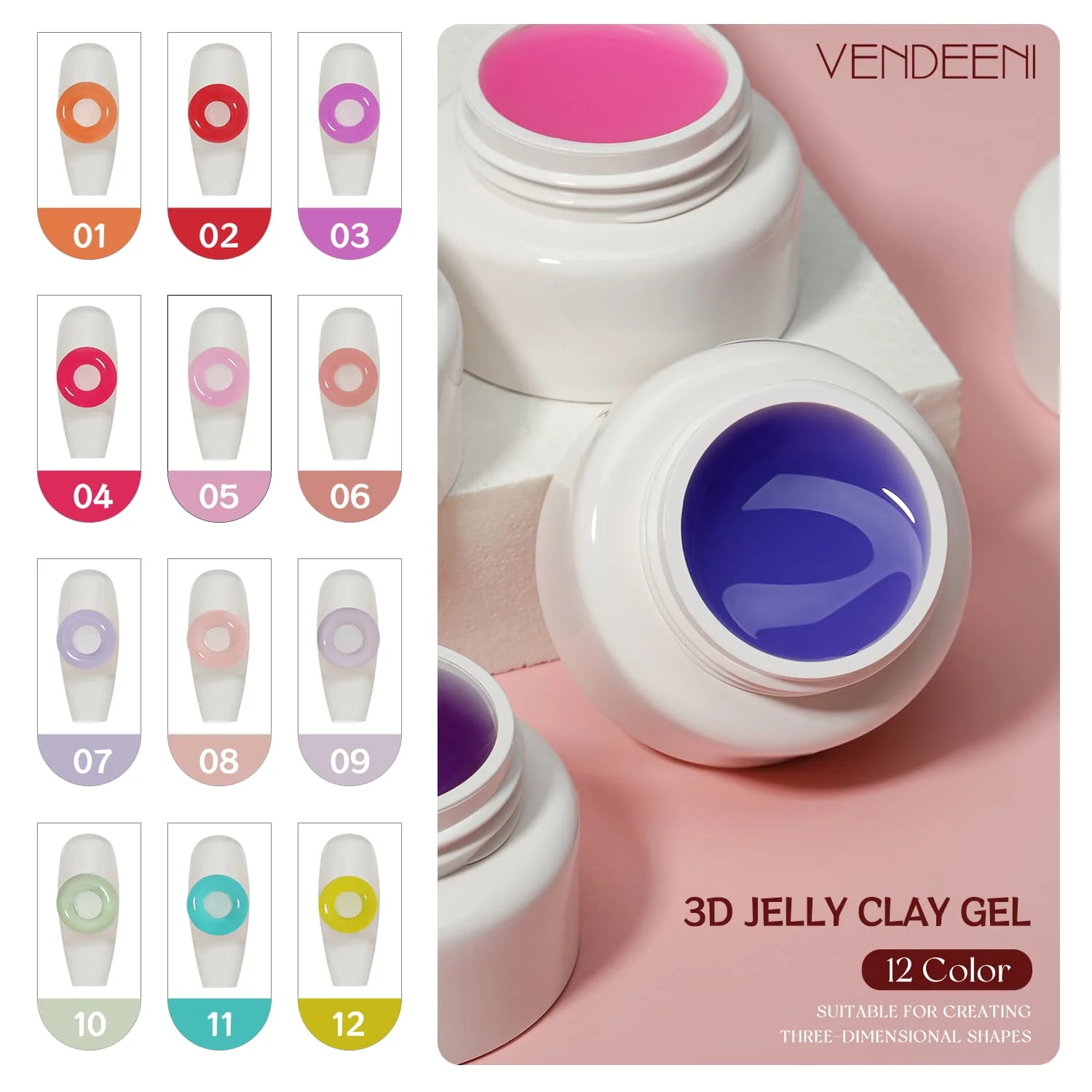 Vendeeni 12 colors rubber modelling carved gel diy shaping clay 3D jelly gel nail polish 5g non toxic gel nail art design
