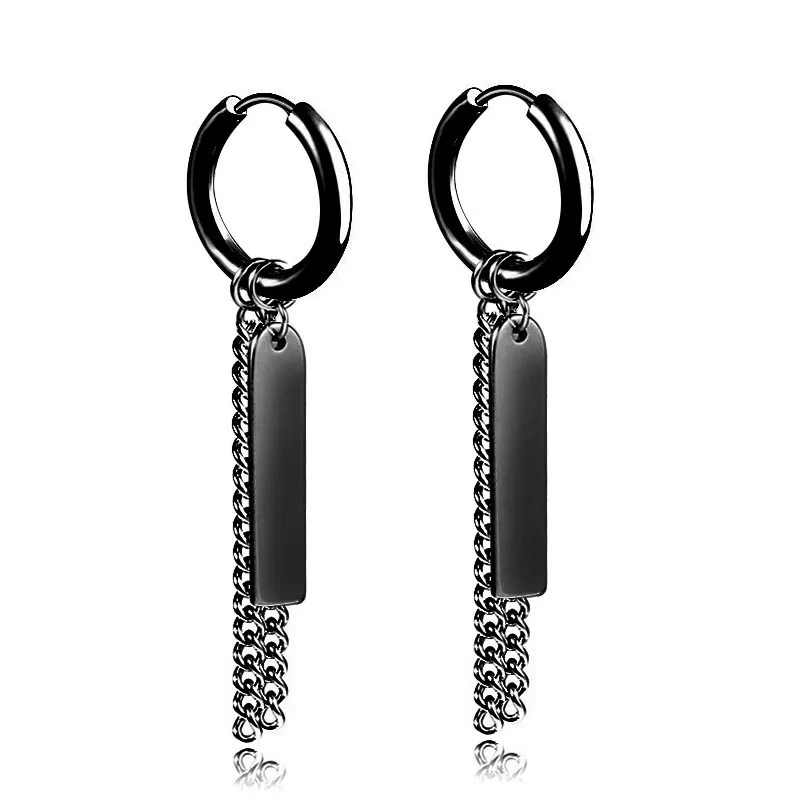 Mens Long Earings Stainless Steel Earrings Men Stud Chain Clip Dangle Punk Earrings For Men Black