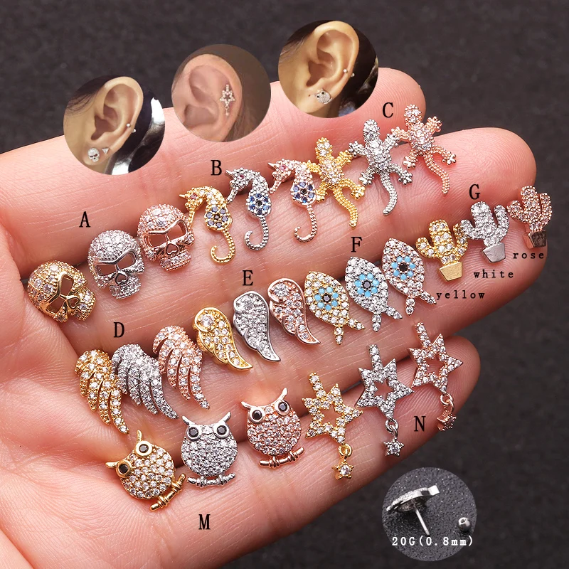 50pcs/lot Rose Gold Silver Color Wing Leaf Star shape CZ Daith Tragus Cartilage Piercing Jewelry Stud Earring