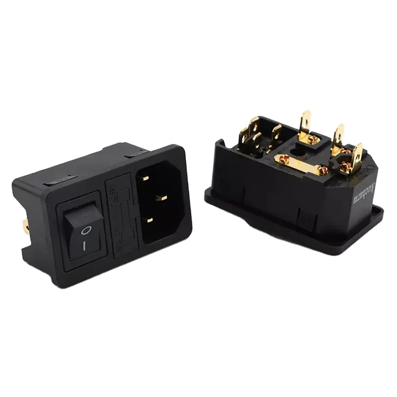 3-in-1 type socket red copper gold plated embedded ac power socket with rocker switch and fuse holder