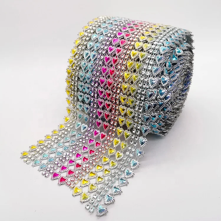 
Dongyang wholesale 16 row Rainbow Multicolor rhinestone trimming heart transfer Diamond indentation sequins mesh for art 