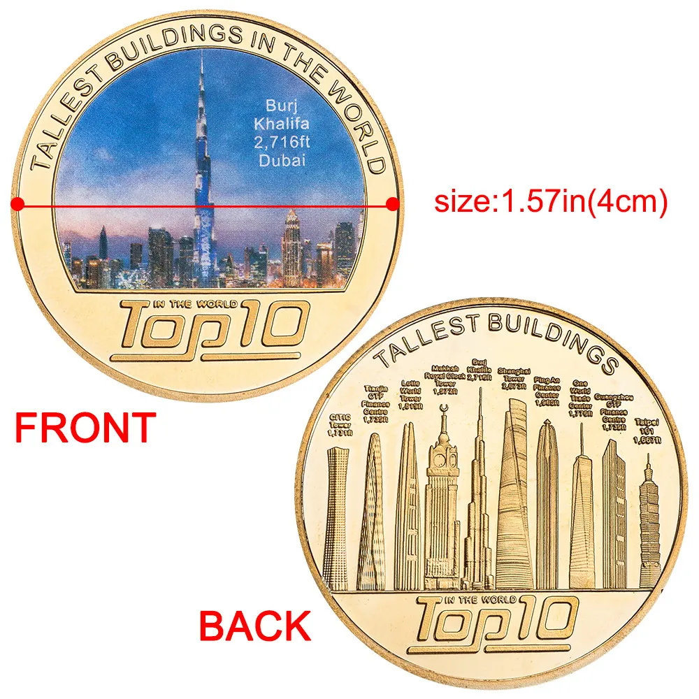 Wholesale 10PCS Top Tallest Buildings in the World Gold Plated Zinc Alloy Metal Commemorative Coins Set for Collection