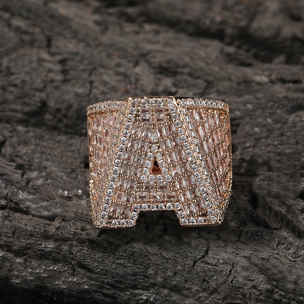 Hip Hop Custom Letter Finger Ring Hip Hop Square One Initial Letter Rings Baguette CZ Iced Out Customize Jewelry for Men Women