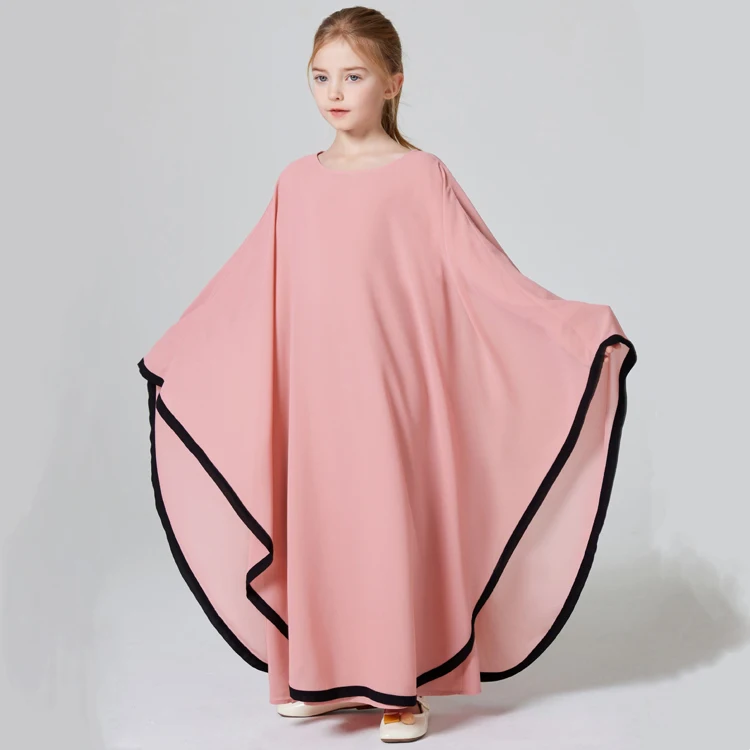 Abaya Girls Two-piece Set Kebaya Contrasting Chiffon Abaya Round Neck Dress Long Robe Islamic Muslim Kids Prayer Clothing Caftan