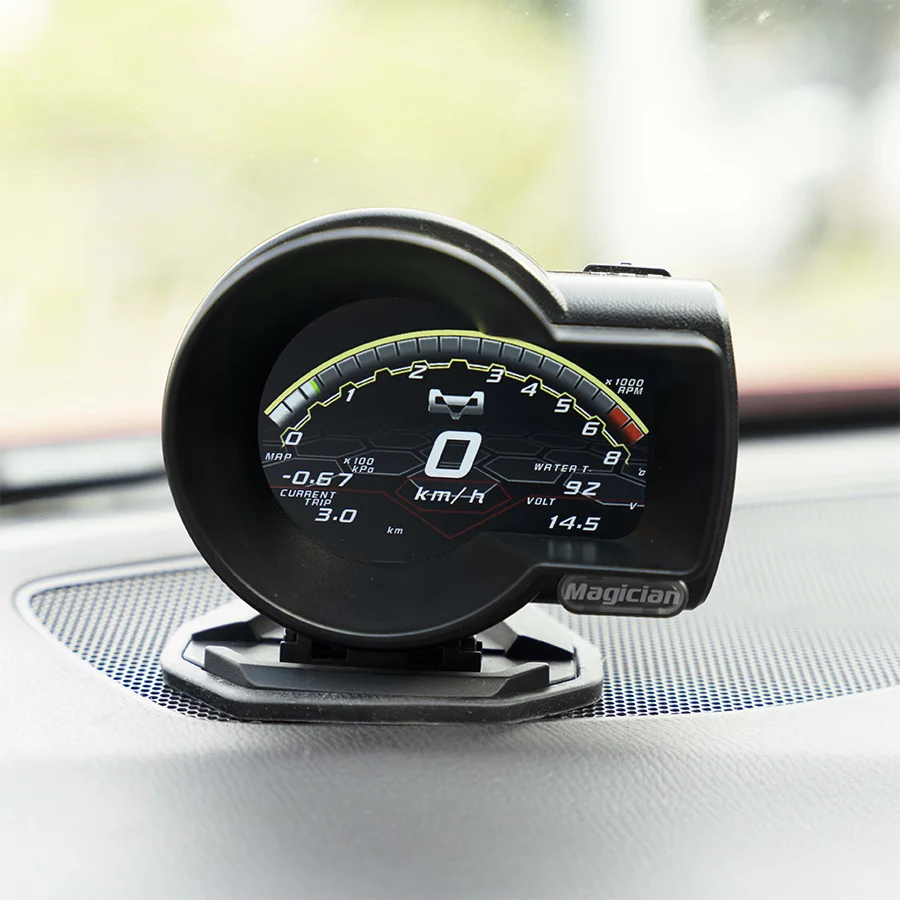 F835 маг Автомобильный датчик OBD2 головка мобильного выставочного стенда Turbo Boost напряжение скорость температура воды при стирке с сигнализацией