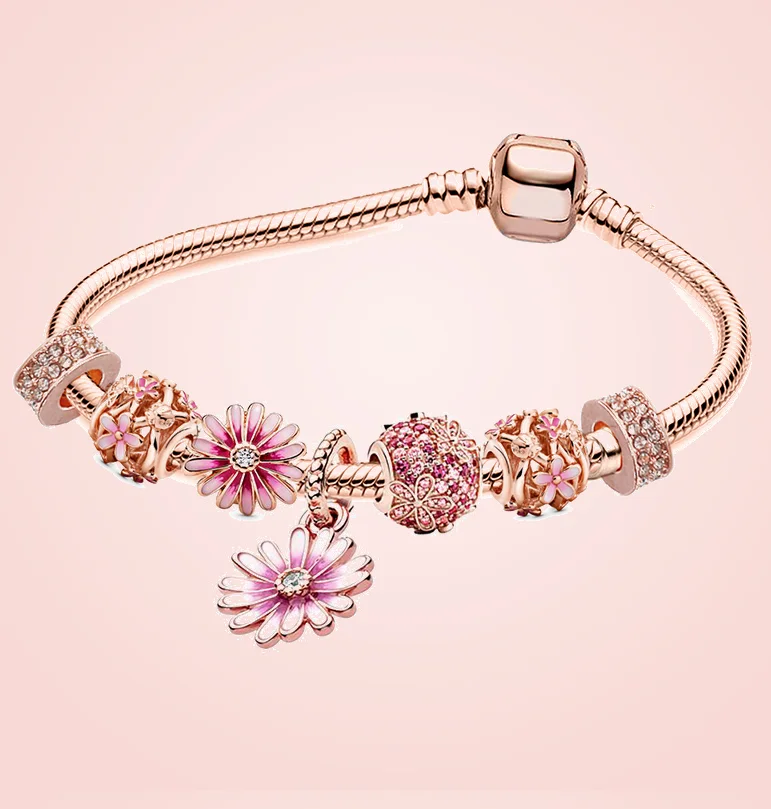 Good quality rose gold pan dora flower daisy bracelet for women