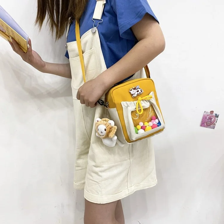 Colorful Shoulder Ladies Mini Messenger Fashion Tote Handbag Canvas Crossbody Bags for Women Small Size with Clear Pvc Pocket