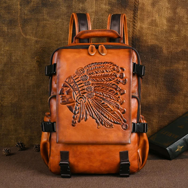 Men Casual Vintage Cow Bull Full Grain Genuine Crazy Horse Leather Travel Backpack Bag