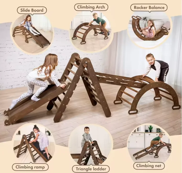 The popular 4-in-1 Montessori indoor climbing frame with wooden triangular arches and climbing paths for toddlers