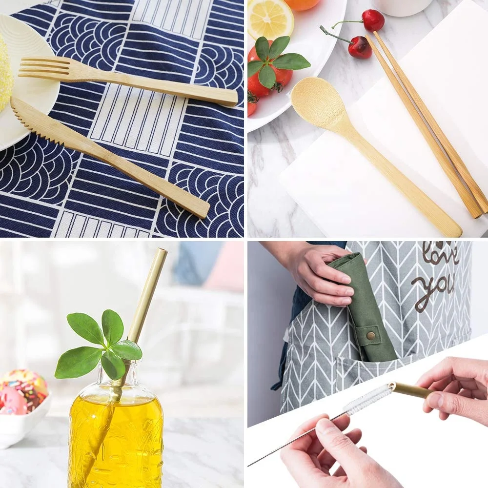 Wholesale engraved logo bamboo cutlery set reusable Eco-friendly bamboo cutlery set travel Knife, Fork, Spoon, Straw,Chopstick
