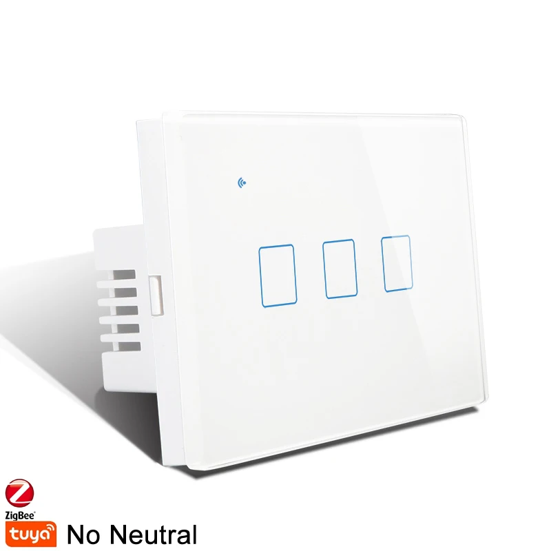 KAISI zigbee wall switch no neutral US standard 3 gang smart Tuya light switch tempered glass touch Alexa voice remote control