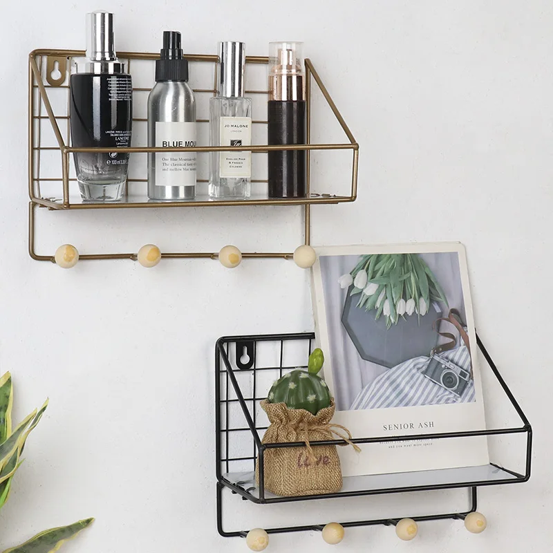 Black copper-colored home wall finishing storage rack Wall-mounted storage rack Simple storage basket with hook design