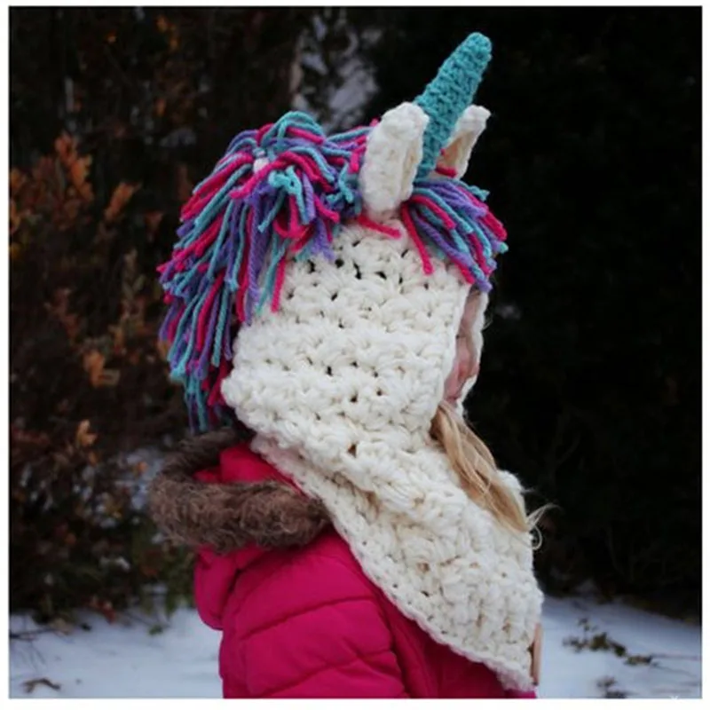 Girls Warm Handmade Children Knitted Beanie Crochet Cartoon Hooded Scarves Unicorn Winter Hat Neckerchief