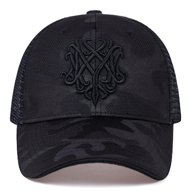 Custom cotton plain curved brim 5 panel embroidered black mesh with applique logo baseball trucker cap