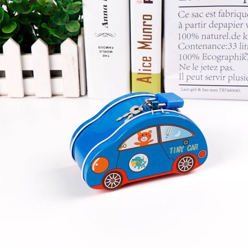 TOPSTHINK Wholesale cute tin piggy bank cartoon saving money bank tin box car shape for kids