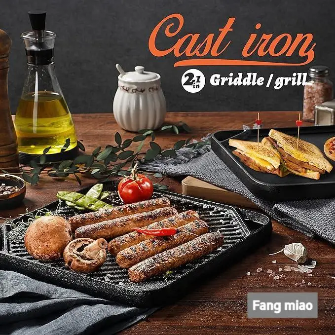 Multifunction 2 in 1 Non-stick Grill Plate Frying Cookware Roasting Pan Square Reversible Cast Iron Griddle Plate