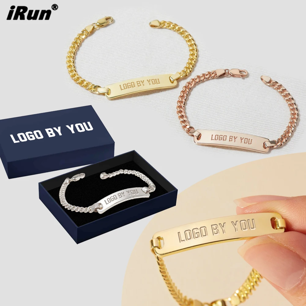 IRun квадратный позолоченный Шарм из нержавеющей стали брендовый кубинский звеньев браслет с гравировкой логотипа ID для мужчин и женщин