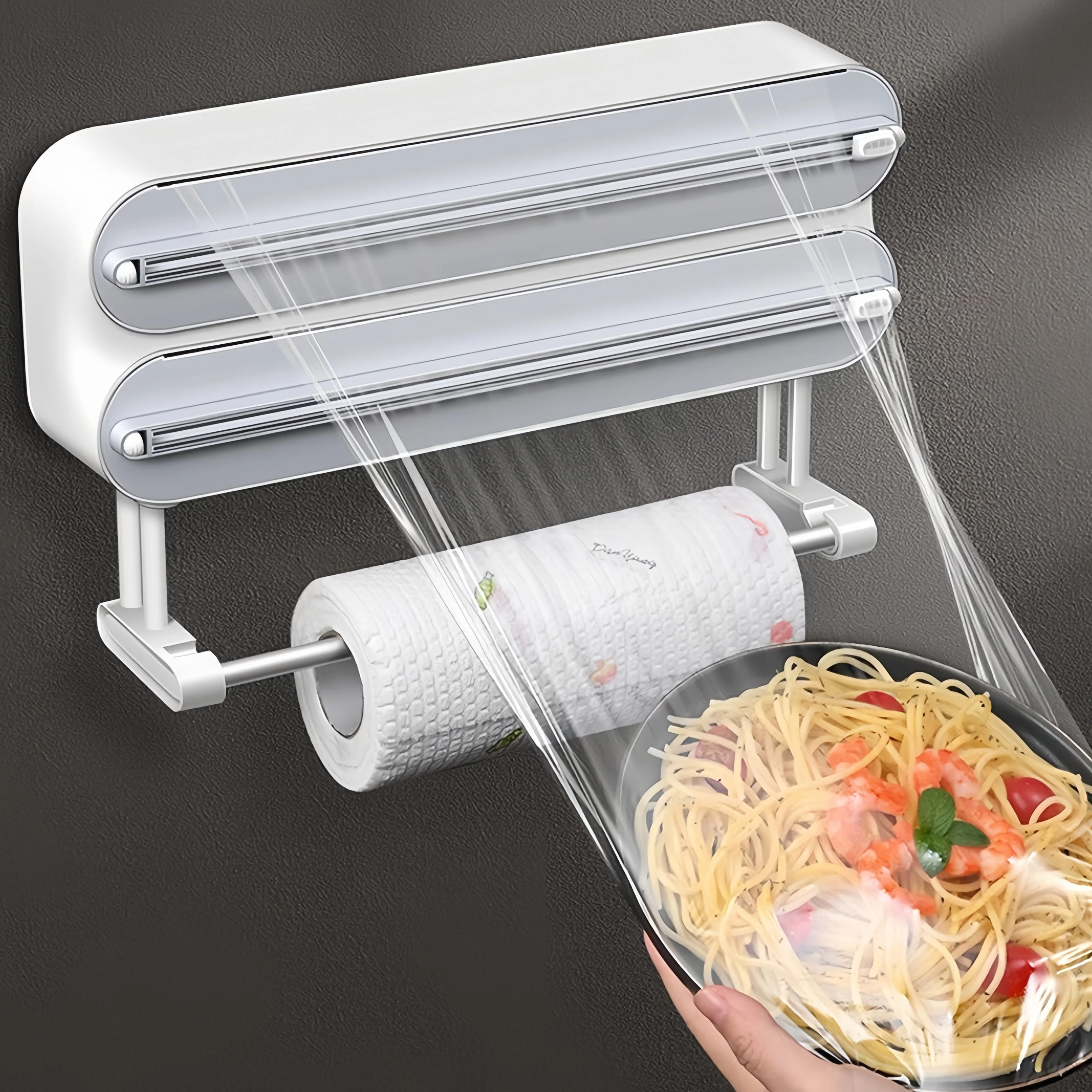 3-in-1 Kitchen Organizer Wall Mount Magnetic Rack Cling Film Dispenser Shelf for Towel Baking Paper Roll Foil Plastic Wrap