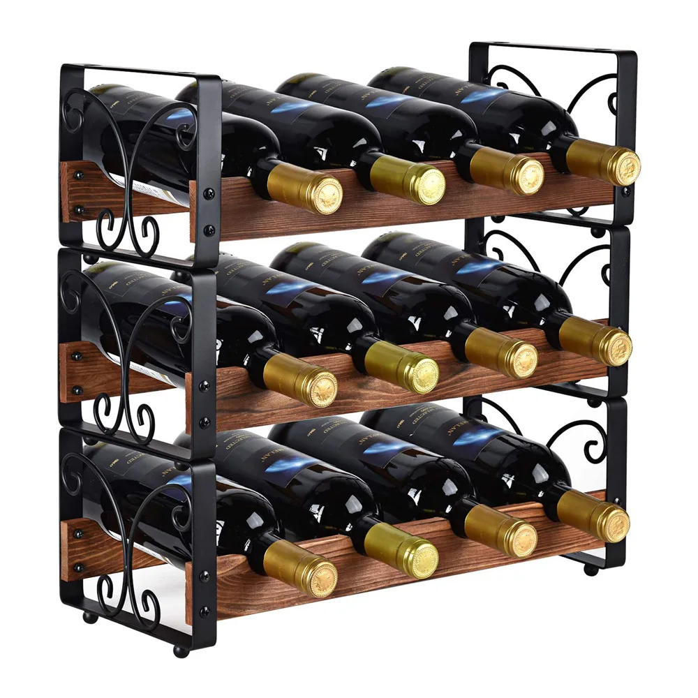 Rustic 3 Tier Stackable Wine Rack Freestanding 12 Bottles Organizer Holder Stand