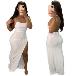 Сарафаны женские летние 2023 облегающее платье без рукавов на шнуровке с открытой спиной пляжные однотонные платья-Макси с разрезом летнее облегающее платье