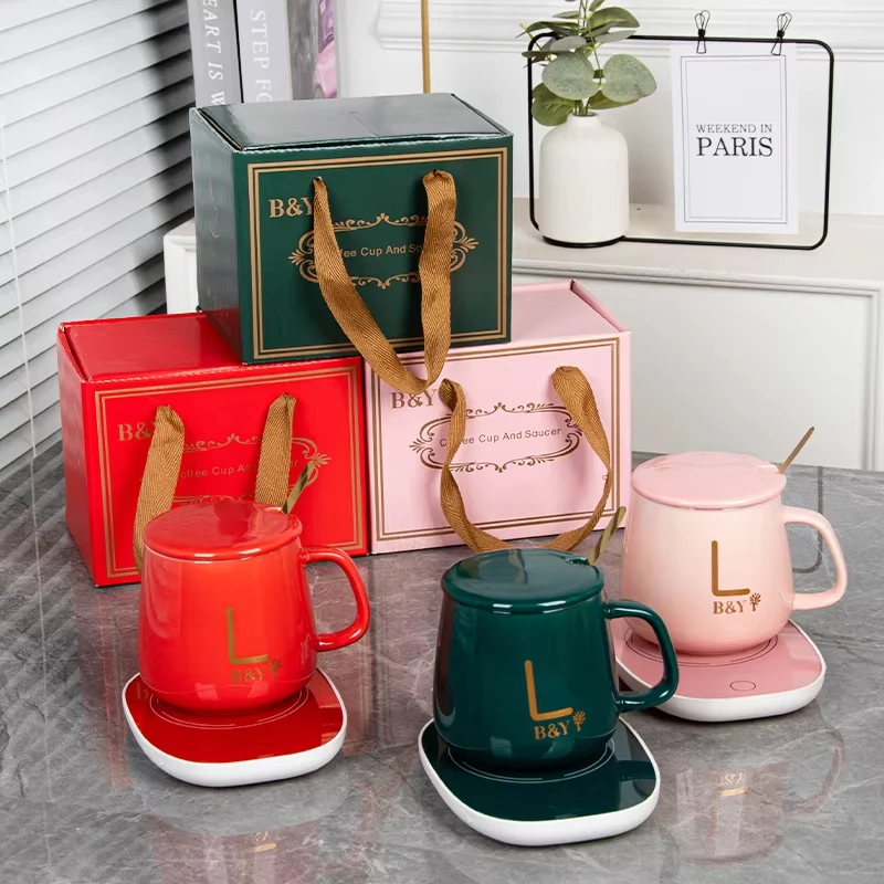 Hot Sale Custom Logo USB Office Home Gift Smart Ceramic Warmer Cup Heater Heating Pad Temperature Control Water Coffee Mug Set