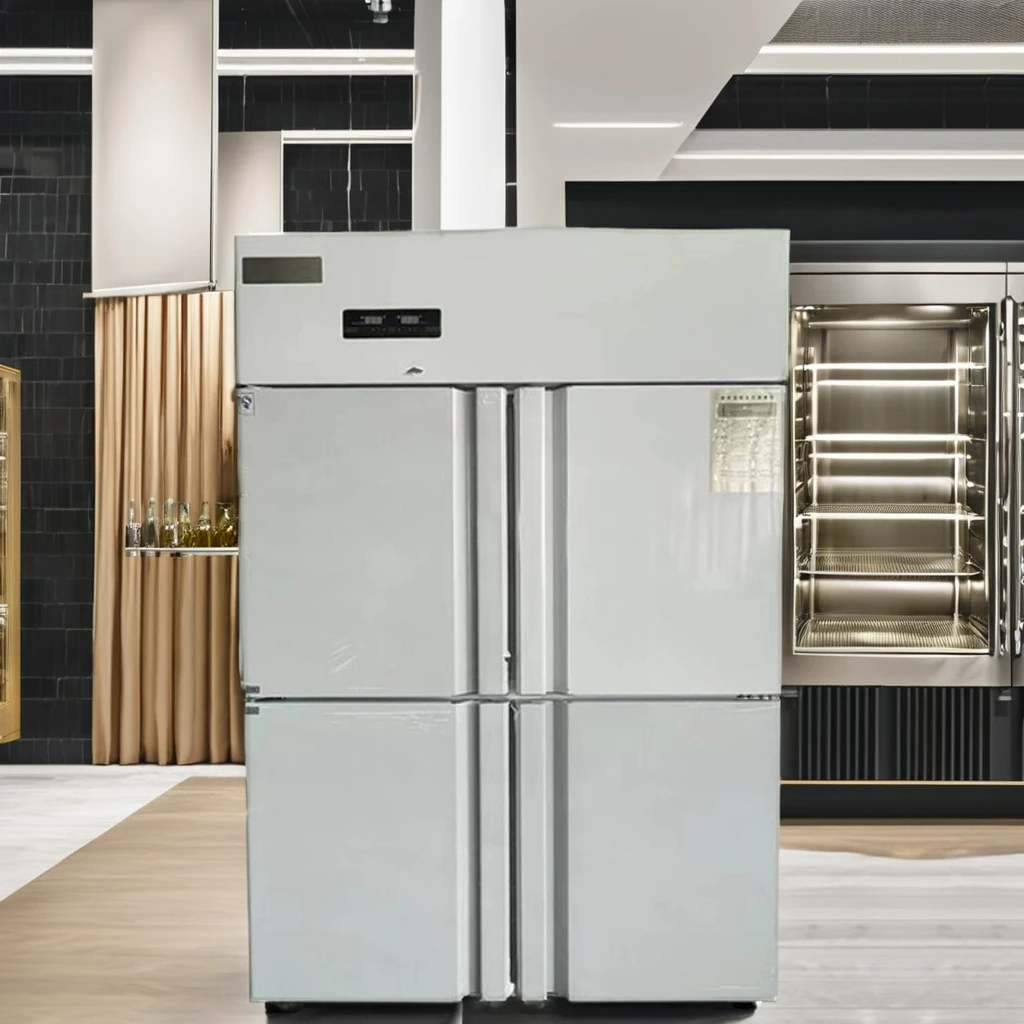 Four door dual temperature kitchen cabinet, refrigerated and frozen stainless steel