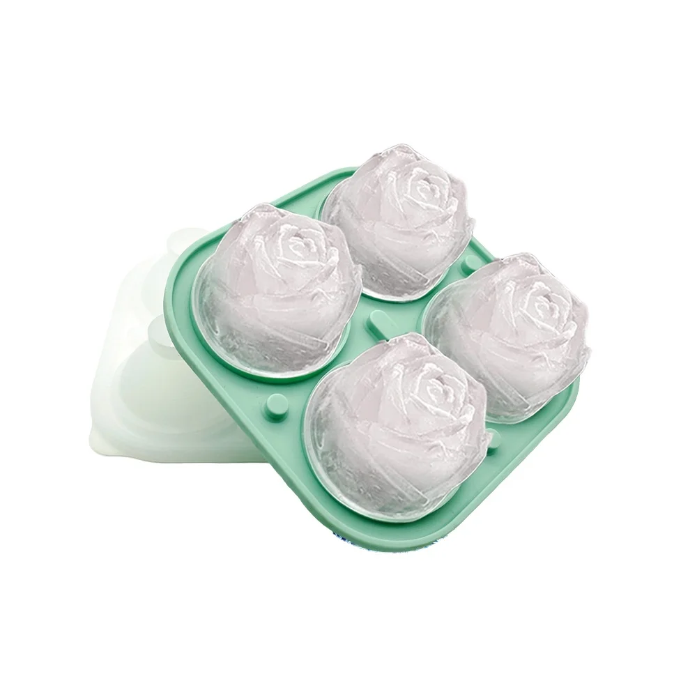 4 Cavity Homemade 3D Rose Flower Shape Silicone Easy Pop Out Whisky Ice Cube Tray Ball Mold Mould Maker