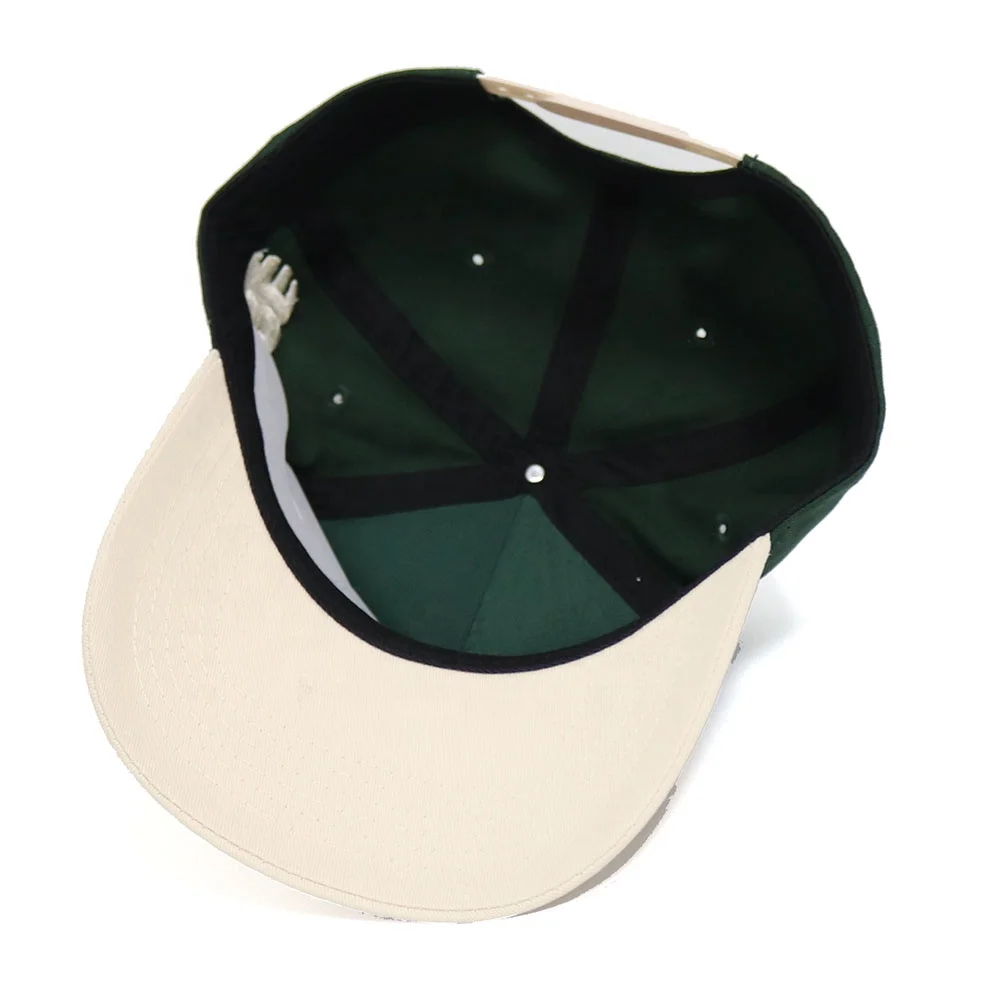 factory  two Tone hat forest green and beige customize 3D embroidery side back flat embroidery snapback curved brim hat