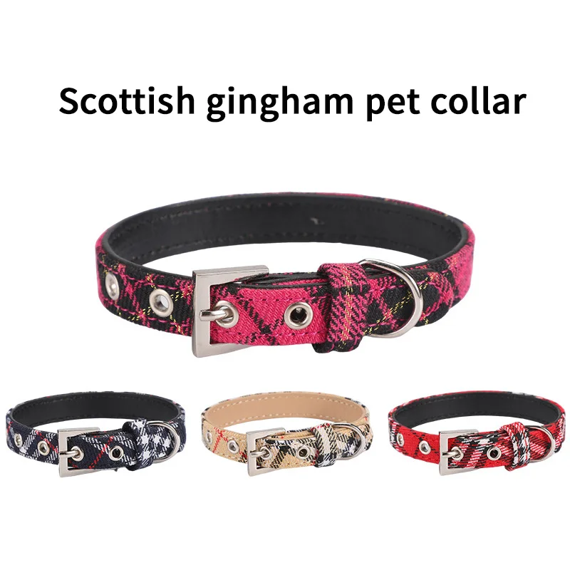 Double Layer Plaid Padded Engravable Metal Buckle Dog Collar Waterproof Leather Adjustable Pet Collars