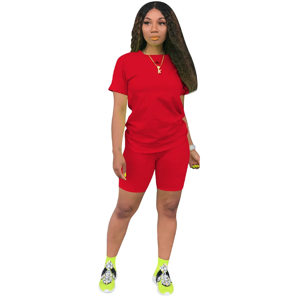 Hot Women Clothing Sets 2 Piece Cotton Short Sleeves ladies Casual Neon two Piece Shorts Set