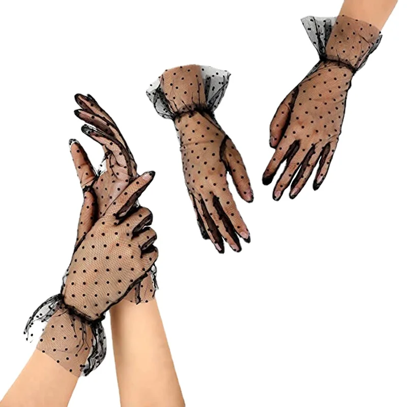 Sexy Cycling Black Lace Gloves Autumn Summer Women Short Tulle Gloves Stretchy Lace Spots Lotus Flexible Accessories Full Finger
