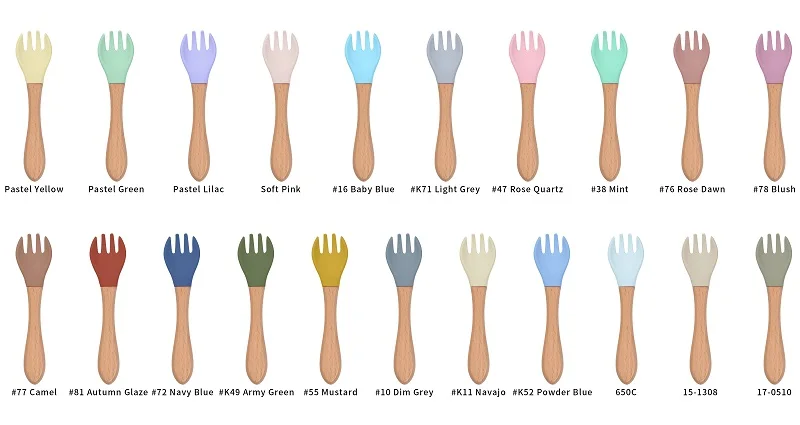 Top Selling Baby Soft Silicone Feeding Forks Nature Materials Infant Silicone Tips Baby Fork With Wooden Handle