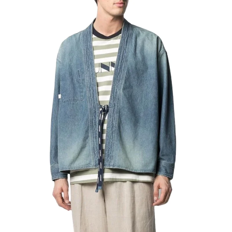 Мужская джинсовая рубашка-кимоно с длинным рукавом и V-образным вырезом