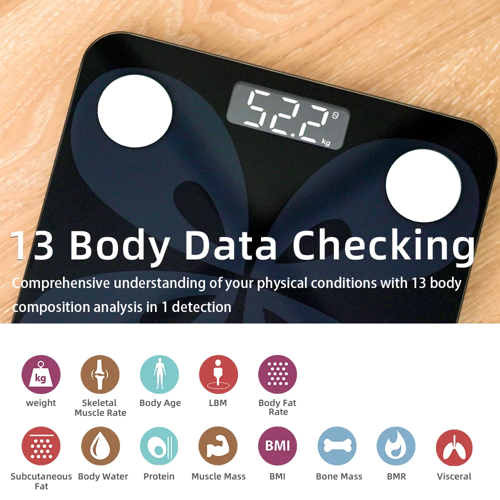 Bathroom Household Digital Tempered Glass Electronic Smart App Water Weight Body Fat BMI Health Analyzer Scales