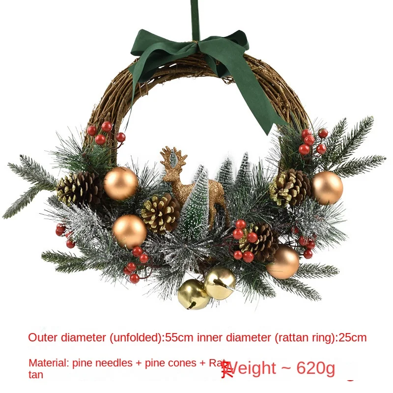 Elk Rattan Wall Hanging for Winter Christmas Pine Needle Wreath Door Decoration for Hotels Shops Indoor Window Wall Display