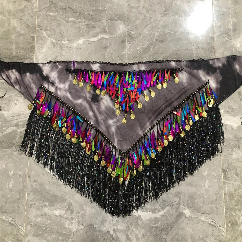 Belly Dance Hip Scarf with Tassels Sequins Triangle Coins Wrap Skirt Music Festival Clothing Stage Performance Accessories