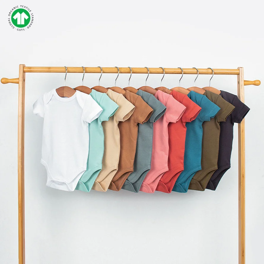 GOTS Certified Organic Cotton Knitted OEM Wholesale  Custom Print Soild Color Unisex Newborn Clothes Infant Bodysuit Baby Romper
