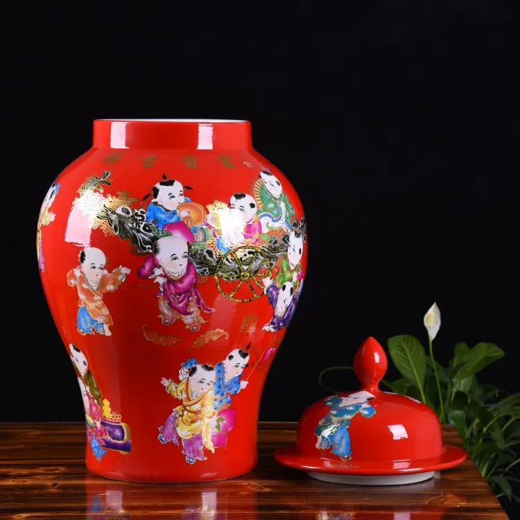 Chinese red large general jar  ceramic floor to ceiling large vase  wealth auspiciousness  indoor decoration foyer ornaments
