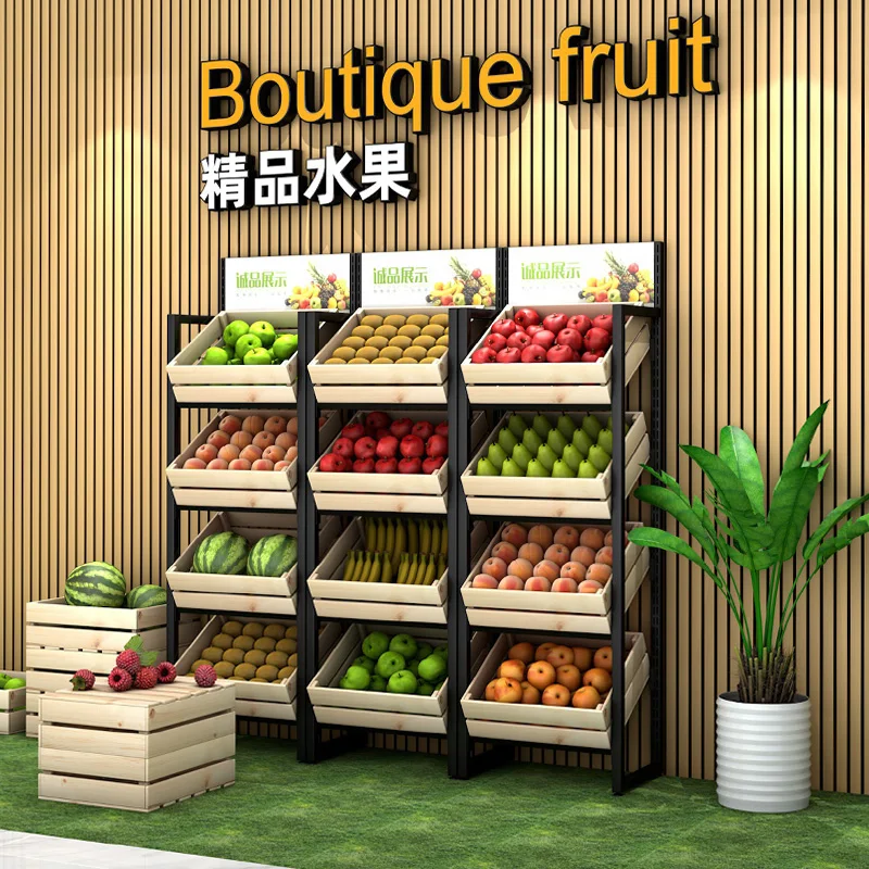Company Freshfruitsandvegetables Iron Frame Supermarket Shelves Stand Display Wood Fruit Display Rack