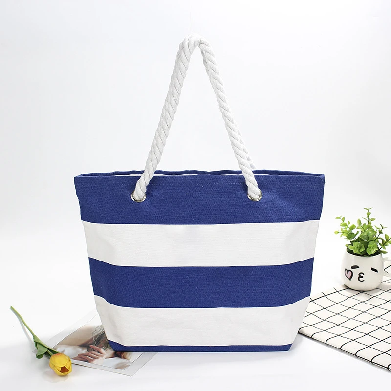 Wholesale Popular Trendy Custom Striped Color Fabric Cotton Tote Bags Printed Heavy Shopping Bag Canvas Rope Handle Beach Bag