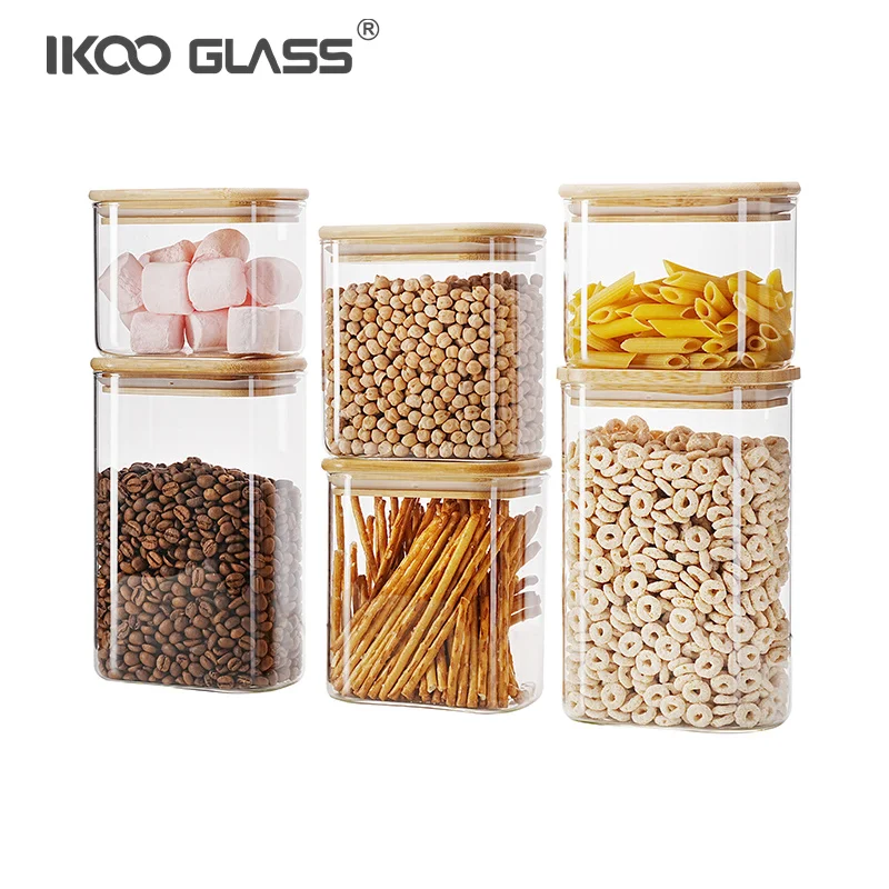 IKOO New Design Modern Design Food Storage Glass Canisters with Bamboo Lids and Wooden Cover Glass Jar