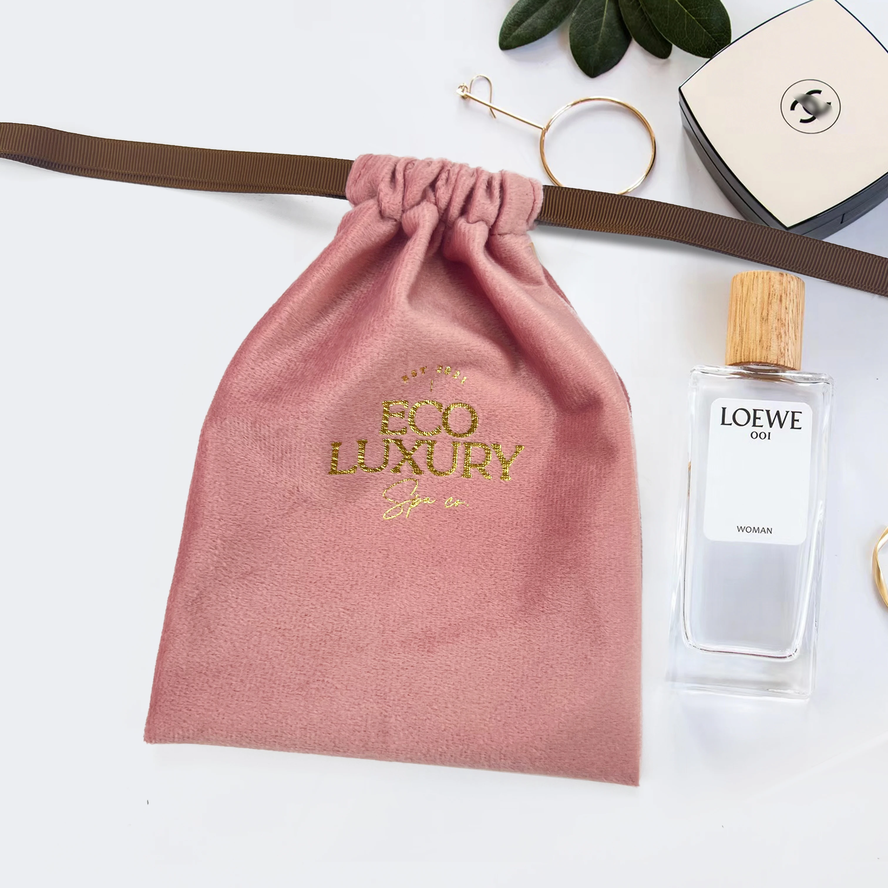 Custom Logo Gold Stamping Printed Plush Cotton Velvet Jewelry Pouch Soft Gift Packaging Drawstring Dust Bag