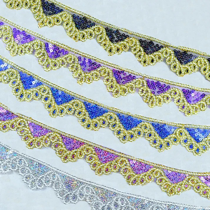 Factory cheap lace sewing polyestic fabric decorative net mesh embroidery triangle sequins fabric sequined lace trim 4.5cm wide