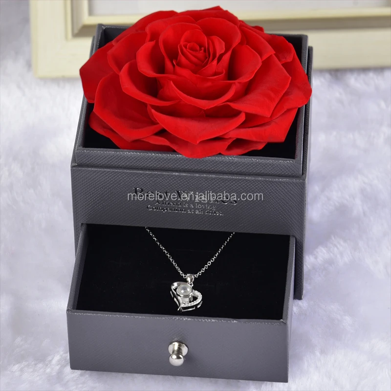 Wholesale Custom Transparent Box with Drawer and Necklace Real Eternal Preserved Roses In Acrylic Jewelry Box