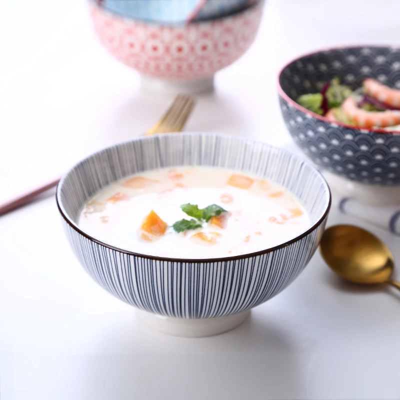 Stoneware Porcelain Hand Painted Color Glaze Microwave Safe Stackable Soup Noodle Rice Ceramic Packaging Cup Bowls