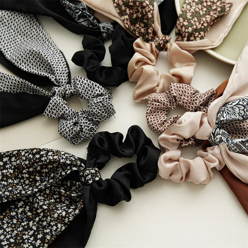 Fashion Elastic Floral Hair Bands Girls Bow Scrunchies Korean Flower ponytail Double-deck Scarf Hair Ties Hair Accessories