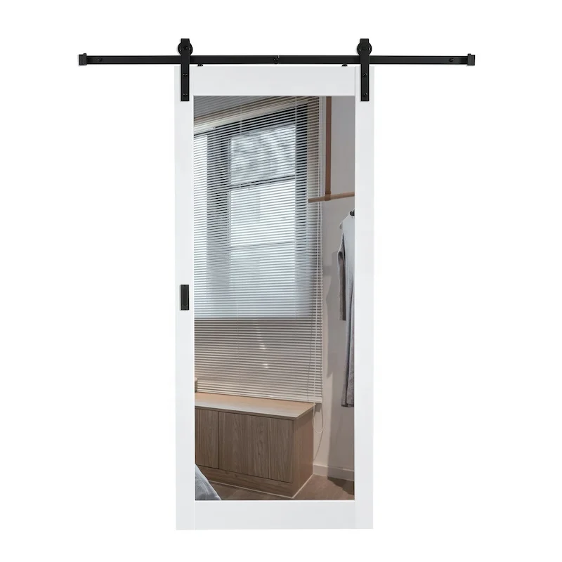 internal modern bathroom mirrored single leaf sliding white barn entrance door