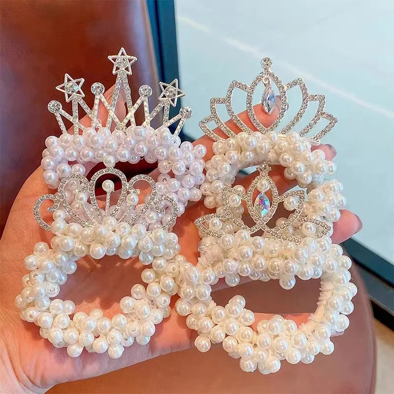 Korean New Tiara Rope Kids Princess Crown Pearl Hair Tie For Girls Simple Cute Elastic Hair Ring Hair Bands Children